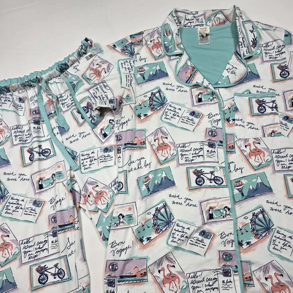 Munki Munki Bon Voyage Pajama Set Women’s Large Button Front Travel Print